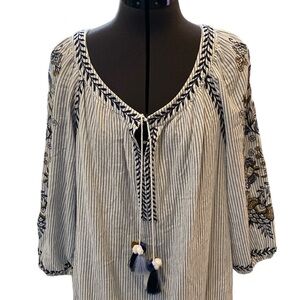 J. JILL Women’s Floral Embroidered Ocean Breeze Tassel Tie Stripe Dress M Boho